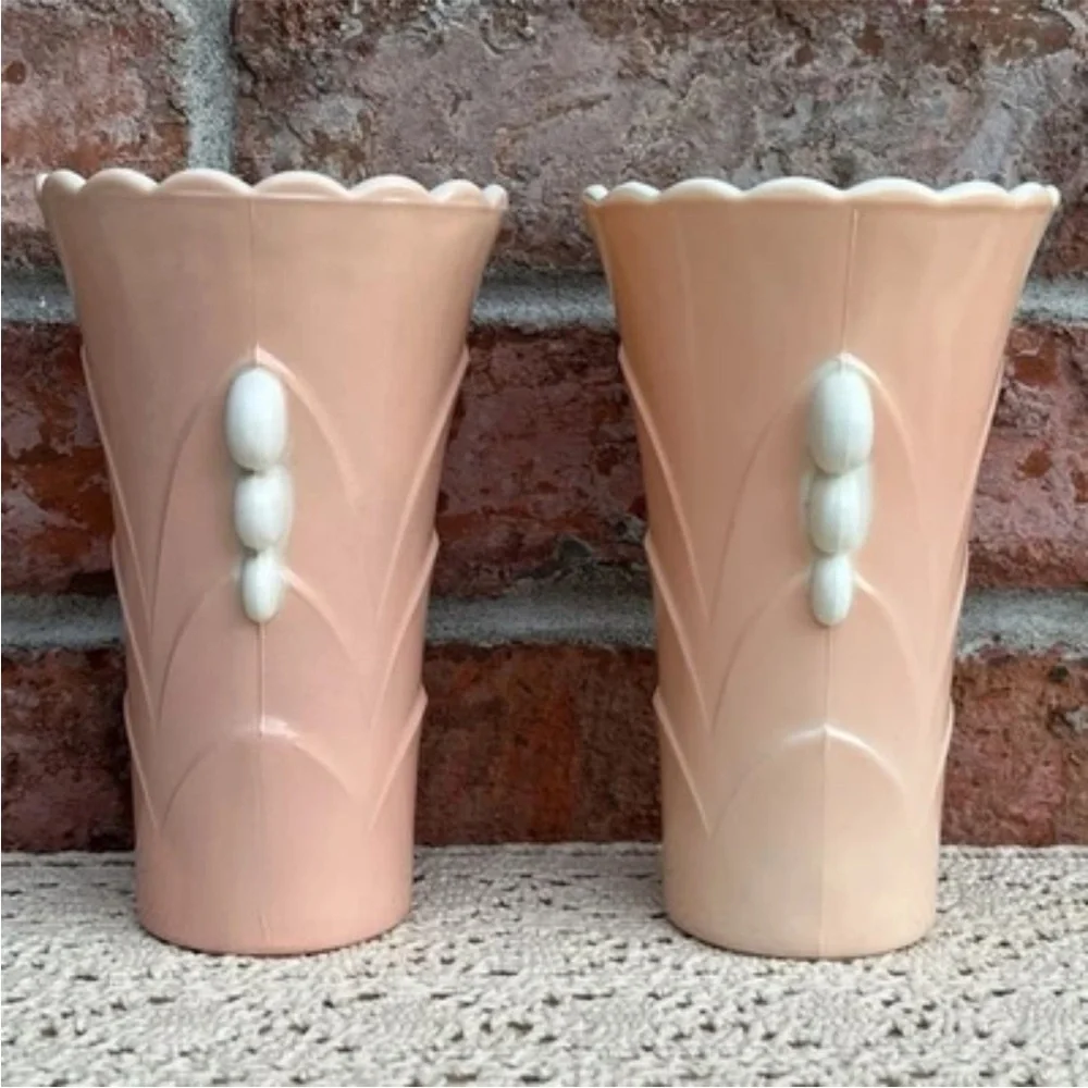 Vintage Anchor Hocking Fired On Pink Vitrock Scalloped Art Deco Style Vases